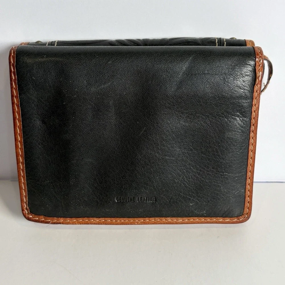Fossil Women's Wallet Studded Tooled Leather Floral Black Brown